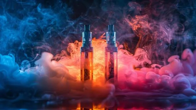 Blue and pink smoke over vape bottles